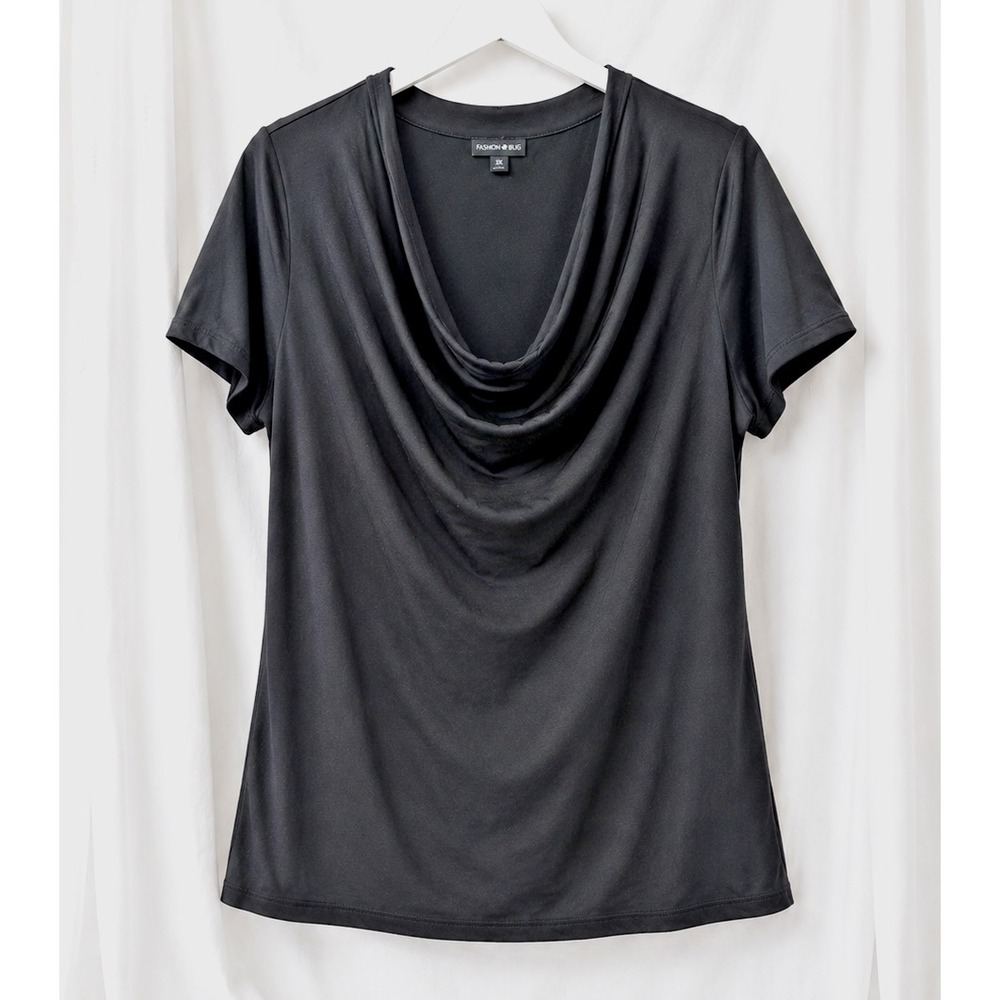 Fashion Bug Blouse Cowl Neck Top Size L Black Short Sleeve Stretch Career Slinky